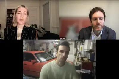 A Zoom screen features Selby Nimrod, Andrew Norman Wilson, and Josh Glick