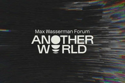 Event banner for Max Wasserman Forum 2021 with digitally textured background and light yellow text with event details.