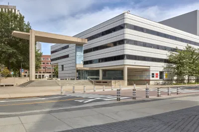 The Wiesner Building photographed from across Ames Street on MIT campus