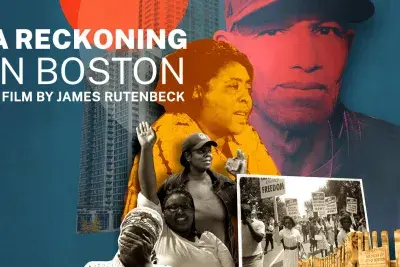 A colorful poster reads “A Reckoning in Boston, A Film by James Rutenbeck with a collage of protesters and Black activists and a film strip.