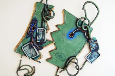 Oil on wood painting with two canvases have jagged, zigzagging edges that imply that they were once a singular form