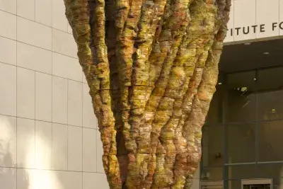 Sculpture that appears to be made of wood and resembled an upside down tree trunk.