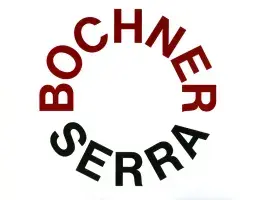 Book cover for Bochner/Serra featuring the title written in a circle with maroon and black letters.