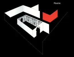Black book cover for Rooms featuring a white and red graphic of a Birdseye view of a room and a hallway.