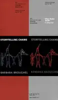 Book cover for Barbara Broughel: Storytelling Chairs featuring half red and half grey background with a black rectangle in the center with Euro-indian drawings resembling hieroglyphics.