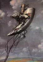 Book cover for Terra Nova: Drawings and Models by Lebbeus Woods featuring a drawing of a satellite on the edge of a plant with a backdrop of clouds.