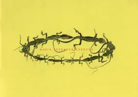 Yellow book cover for Maria Fernanda Cardoso featuring the artists name in the center surrounded by an oval of frogs attacked to one another.