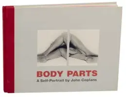 A grey book cover for Body Parts: A Self-Portrait by John Coplans featuring red binding and two photographs of legs mirroring each other in the center.