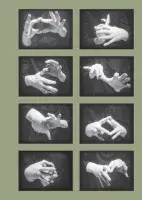 Book cover for Joachim Koester: Of Spirits and Empty Spaces featuring two columns of four photographs of a person's hands making different gestures in each photo.