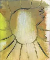 Book cover for Sonia Almeida: Forward / Play / Pause featuring one of her paintings with a yellow and orange background behind black brushstrokes.