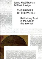 Book cover for Joana Hadjithomas &amp; Khalil Joreige/The Rumors of the World: Rethinking Trust in the Age of the Internet featuring text from emails with an image in the lower left corner obscured by another email message.