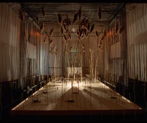 A house shaped structure has pampas grass in the center. The gallery is lit by a light at the center of the installation.  