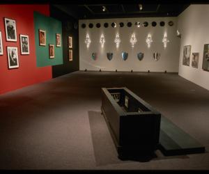 An installation view of The Masculin Masquerade showing photographic and sculptural works.
