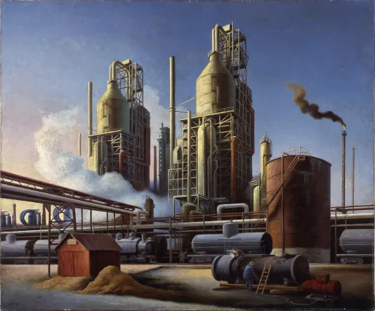 Graphic image featuring an oil company plant and a blue sky.