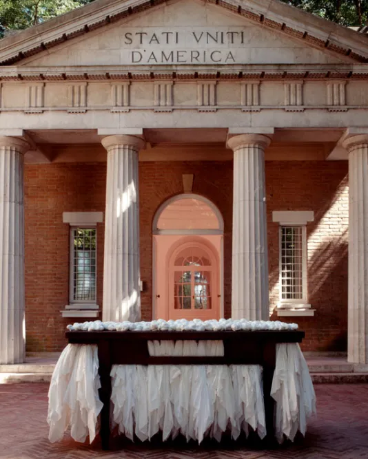 Installation view of Myelin in front of a building with columns.