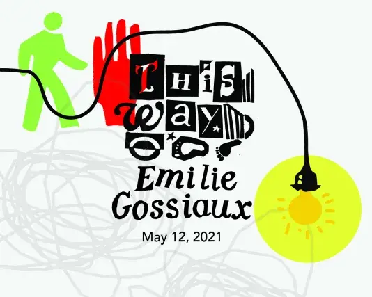 Graphic including a red hand, light bulb suspending from a string and a green figure.