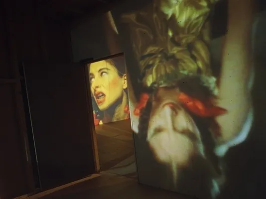 Installation view of Dimensions of the Mind featuring an image of a woman projected onto a wall.