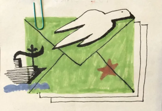 Green envelope sketch with abstract shapes and a red star.