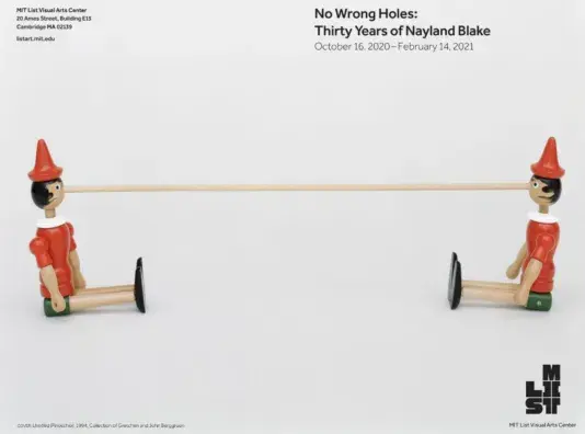 Cover for Nayland Blake's exhibition brochure featuring two Pinocchio dolls on the left and right connected at extended noses.