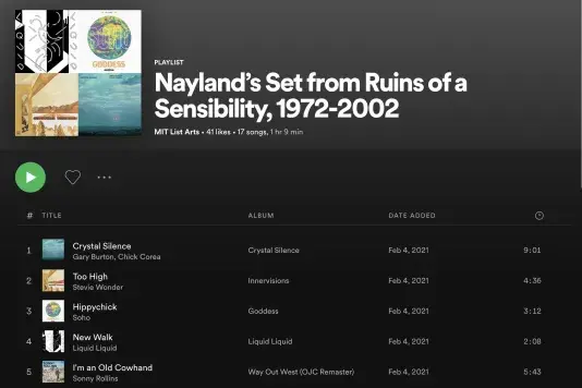 Screenshot from Nayland Blake's Spotify playlist including the album cover and first 5 song titles.