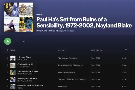 Screenshot of a Spotify playlist titled &quot;Paul Ha's Set from Ruins of a Sensibility&quot; with the first 5 songs showing.