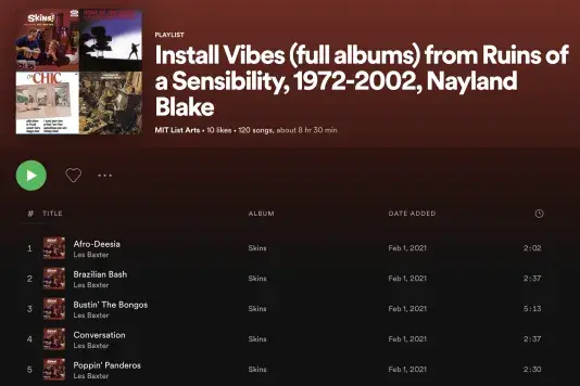 Screenshot of Install Crew Spotify playlist including the first 5 song titles and album covers.