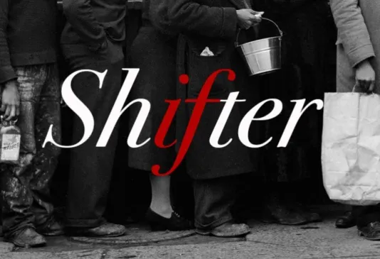 Black and white image of people's left with the word shifter in the center.