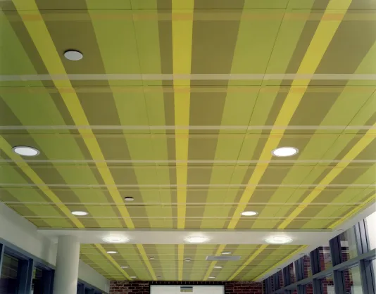 Brown, green, and yellow stripes with intersecting beige and white lines covers the gridded ceiling panels