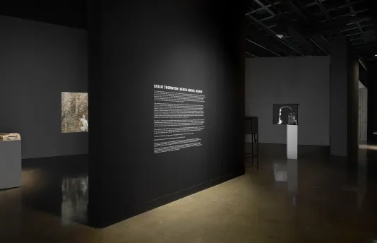 A dark gray gallery wall reads “Leslie Thornton: Begin, Again, Again” with surrounding displays.