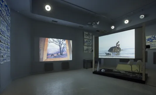 Installation view of two projectors which show a landscape scene with two horses on the left and a figure sitting on a rock in the ocean on the right.
