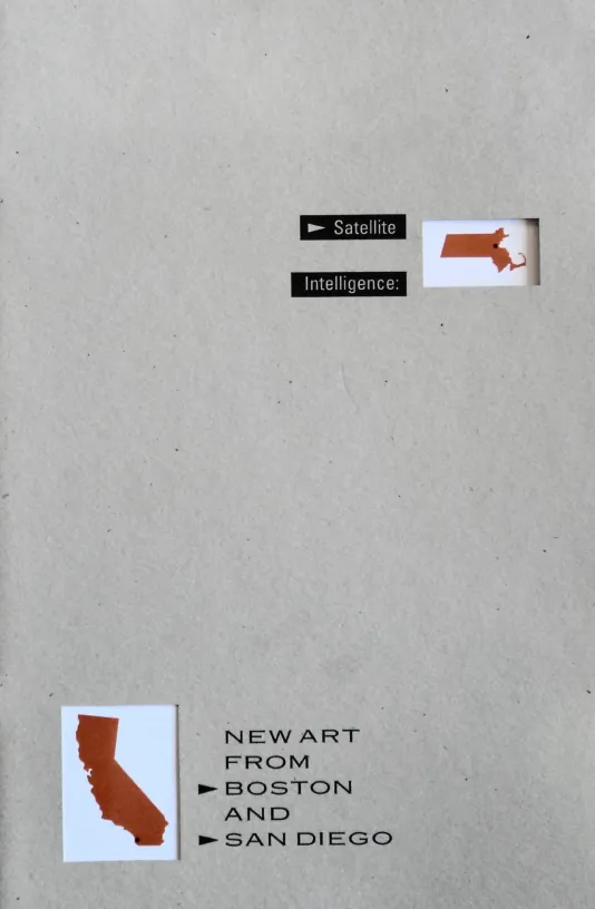 Book cover for &quot;Satellite Intelligence: New Art from San Diego and Boston&quot; featuring a grey background, red small graphic of Massachusetts and California and the books title.