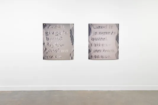 Installation view featuring two inkjet prints on vinyl hanging side by side with distorted overlapping text and wavy shapes on the edges. 