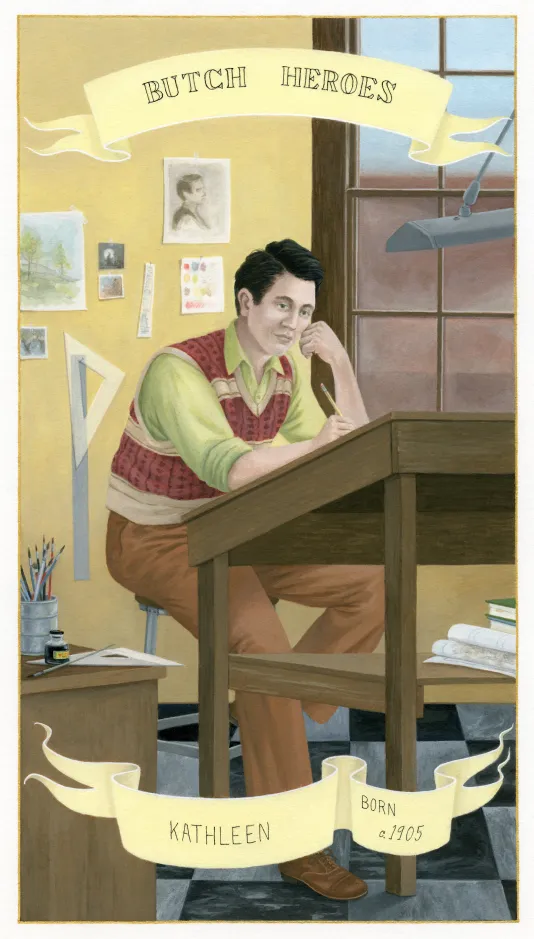 Print of a man sitting at a desk with a pencil in hand and some sketches hanging on the wall behind him. The top reads “Butch Heroes” and the bottom is the title of the work.