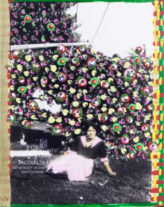 Black and white low resolution photograph of a woman lying on a field with dots of paint above her from the left to right side of the canvas and a checkered border on the right.