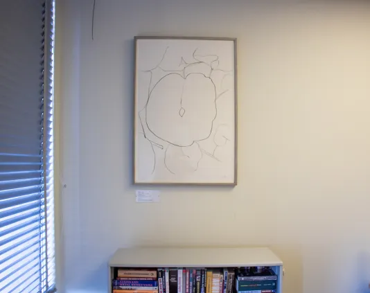 A framed Ellsworth Kelly print hangs in an office above a small bookcase.
