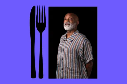 Bright purple background with a simple graphic of a fork and knife on the left and a portrait of a black man with a light colored beard wearing a striped tunic.