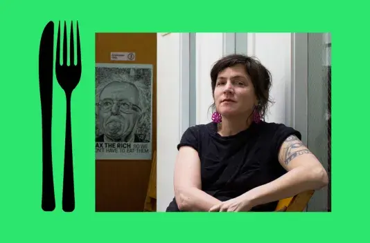 bright green background with a black fork and knife icon on the left and a portrait of artist Lexa Walsh on the right.