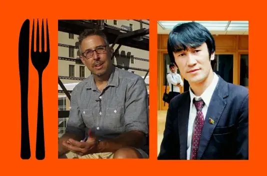 Red background with a black fork and knife graphic on the left and two vertical portraits of participating artists side by side on the right.