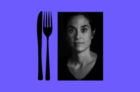 Bright purple background with a black for and knife graphic on the left and a vertical headshot of artist  Asunción Molinos Gordo in black and white on the right.