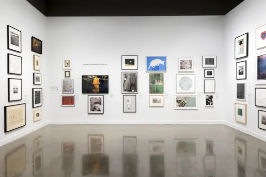 Installation view with framed artworks lining the left, center, and right walls. 