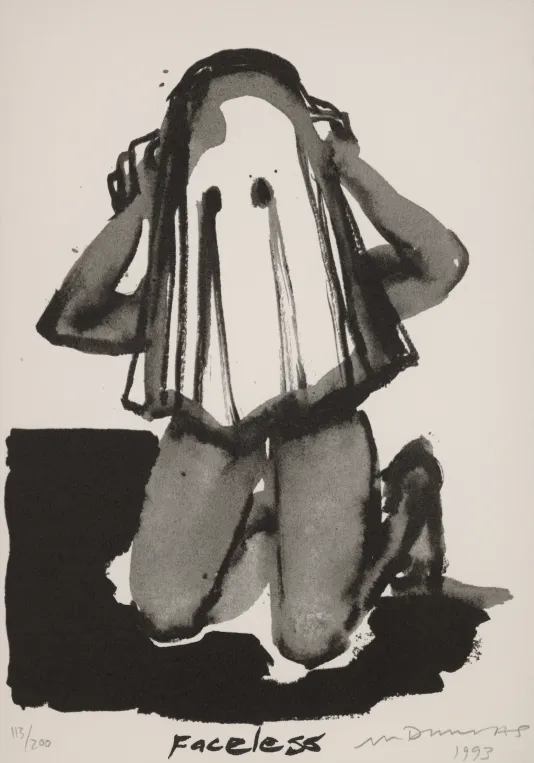 Black and white sketch of a person on their knees holding up a napkin over their head with two eye holes cut out like a ghost.