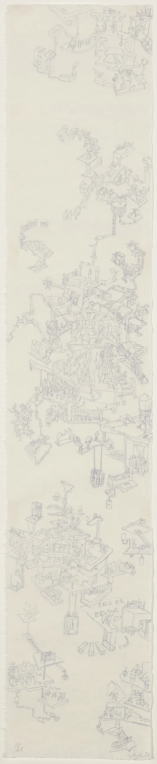 vertical print with small thin black lines creating various shapes and patterns.