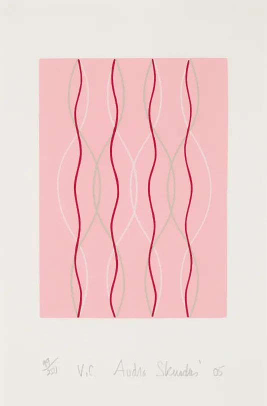 Print with pink background and thin red lines running from the top to the bottom with a wavy pattern.