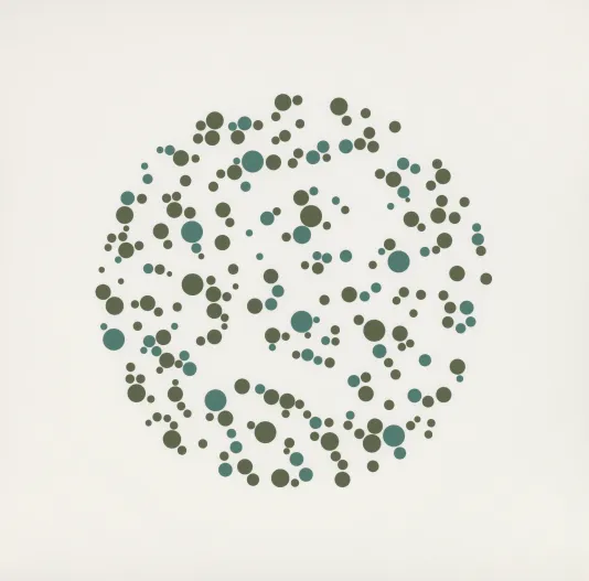 Circle made up of blue and green circles with white space in between. A faint number two can be made out in the center whitespace.
