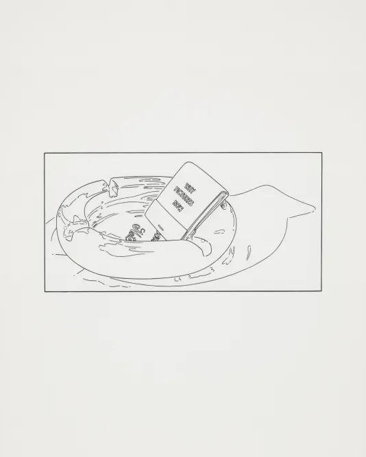 Simple line drawing in a outlined rectangle with a book graphic that reads "Why Pictures Now" going into an oval shape