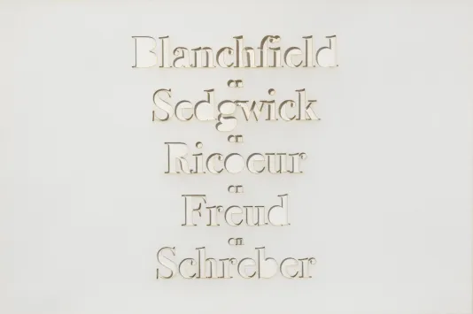 White background with words on top of one another created by buying the paper. The words from top to bottom read Blanchfield, Sedgwick, Ricoeur, Freud, and Schreber.