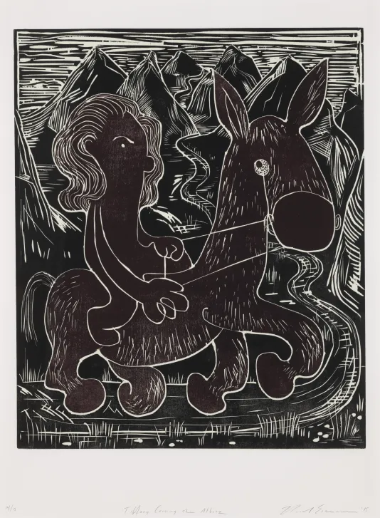 Woodcut print of a cartoon looking figure riding a horse down a windy path.