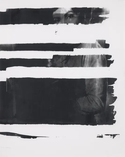 Black and white Acrylic on paper image of a woman with white horizontal streaks breaking up parts of the image.