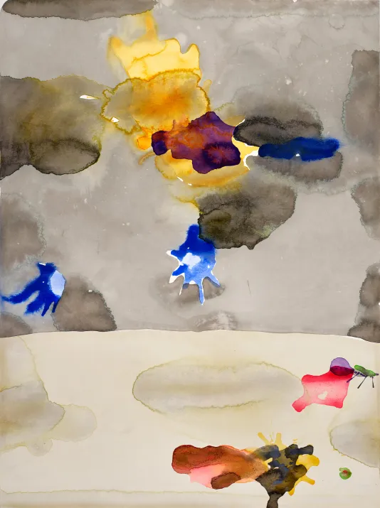 Watercolor abstract painting on paper with a horizon line on the lower third and abstract shapes in blue, orange, red, and dark grey.