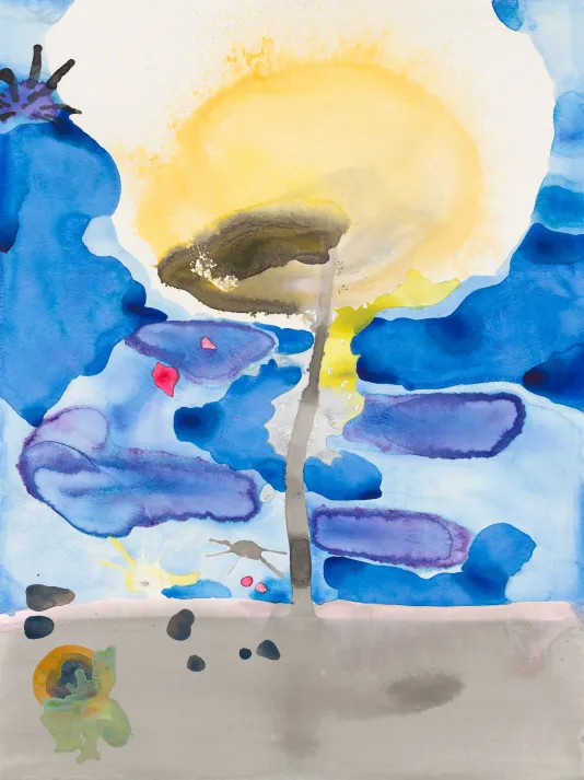 Abstract water color painting with a horizon line on the lower third, a dark blue background and a round yellow shape leading to the top of the page. 